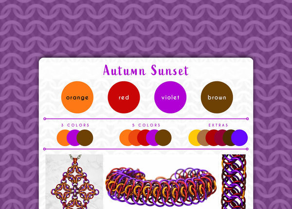 Autumn Sunset color palette graphic with orange, red, violet and brown swatches The graphic is framed with an violet cgi chainmaille design