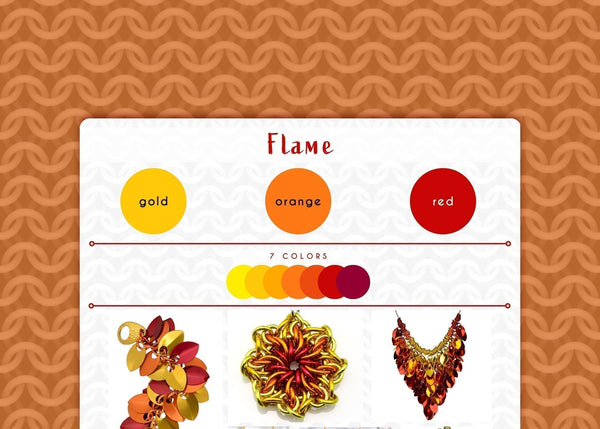 Flame color palette graphic by Rebeca Mojica with gold, orange and red swatches. The graphic is framed with an orange cgi chainmaille mesh design. Beneath the swatches are images of chainmaille jewelry made in this palette