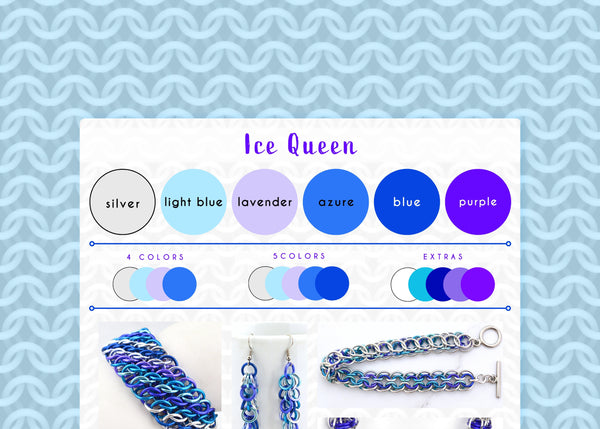 Ice Queen color palette graphic with ilver, light blue, lavender, azure, blue and purple swatches. The graphic is framed with a icy blue cgi chainmaille mesh design