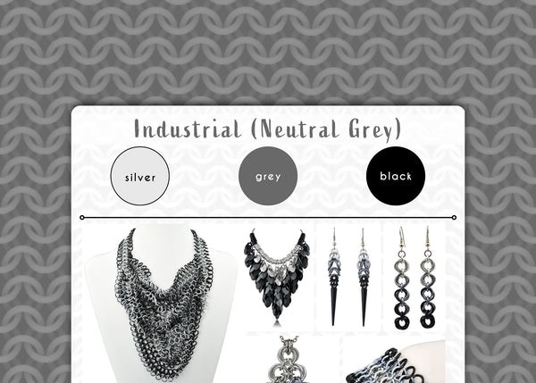 Industrial color palette graphic with silver, grey and black. The graphic is framed with a grey cgi chainmaille design