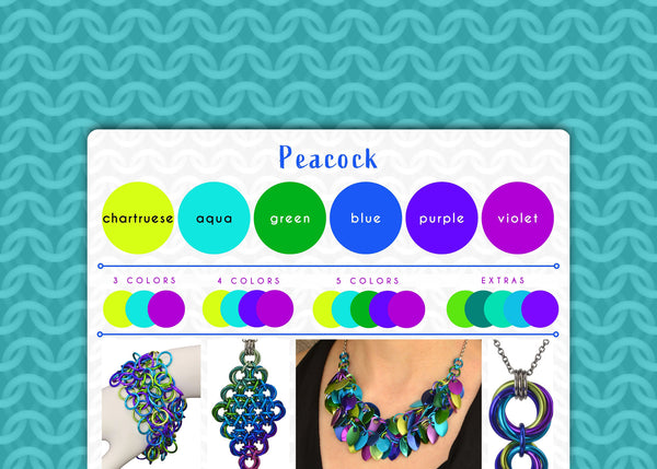 Peacock color palette graphic with chartreuse, aqua, green, blue, purple and violet. The graphic is framed with an aqua cgi chainmaille design