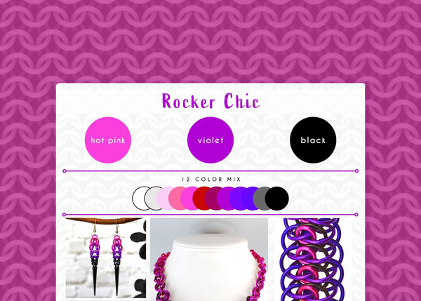 Rocker Chic color palette graphic with silver, light grey, light blue and lilac swatches. The graphic is framed with a hot pink cgi chainmaille mesh design