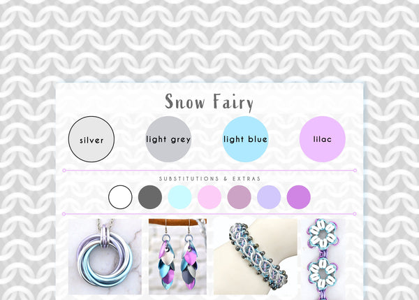 Snow Fairy color palette graphic with silver, light grey, light blue and lilac swatches. The graphic is framed with a light white cgi chainmaille mesh design