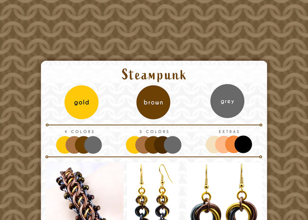 steampunk color palette graphic with gold, brown and grey. The graphic is framed with a brown cgi chainmaille design