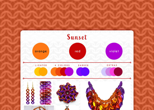 sunset color palette graphic with orange, red and violet . The graphic is framed with a dark orange cgi chainmaille design