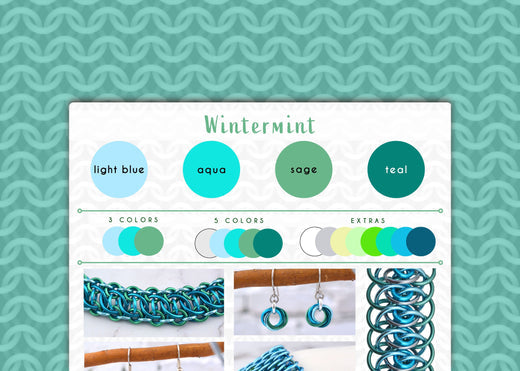 wintermint color palette graphic with light blue, aqua, sage and teal swatches . The graphic is framed with a light teal cgi chainmaille mesh design