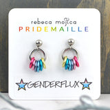 Small lgbtq genderflux pride chainmaille stud earrings on a white card. Each earring has a stainless steel ball with a steel link and 7 smaller links in the colors of the genderflux pride flag - 2 shades of pink, grey, 2 shades of blue and light yellow