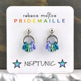 Tiny lgbtq neptunic pride chainmaille stud earrings on a white card. Each earring has a stainless steel ball with a steel link and 6 smaller links in the colors of the neptunic pride flag - peacock blue, teal, light green, light blue, and two shades of light purple