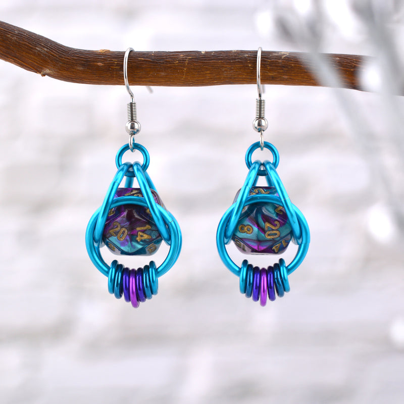 d20 Earrings - Magical Butterfly (Turquoise and Purple)