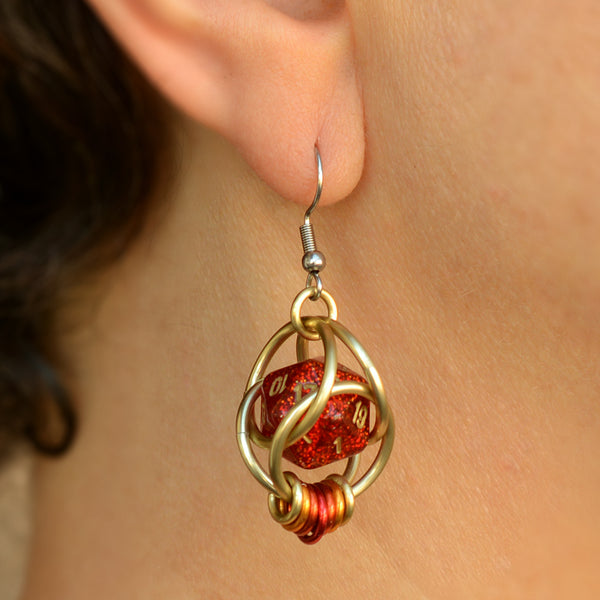 Red Glitter d20 Earring