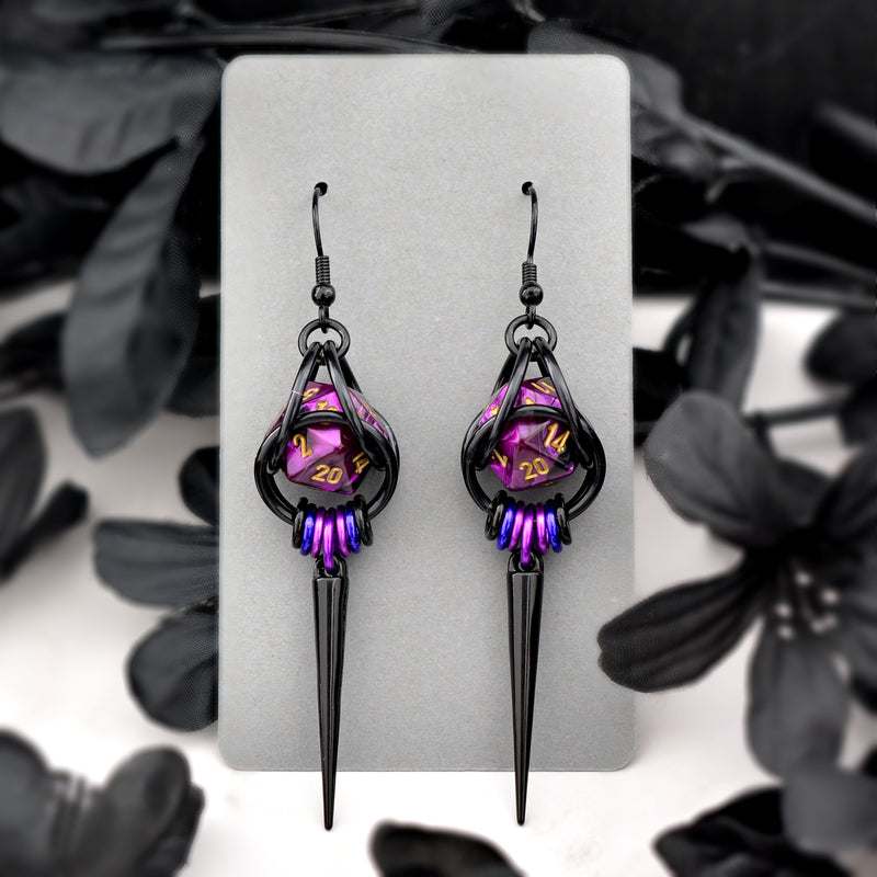 Purple Goth d20 Spike Earrings