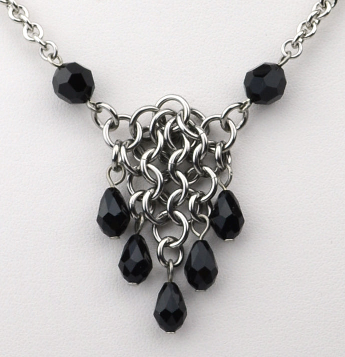 SALE: Small Mesh Necklace With Crystals - Stainless Steel - Black, Pink or Light Blue