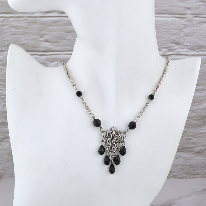 SALE: Small Mesh Necklace With Crystals - Stainless Steel - Black, Pink or Light Blue