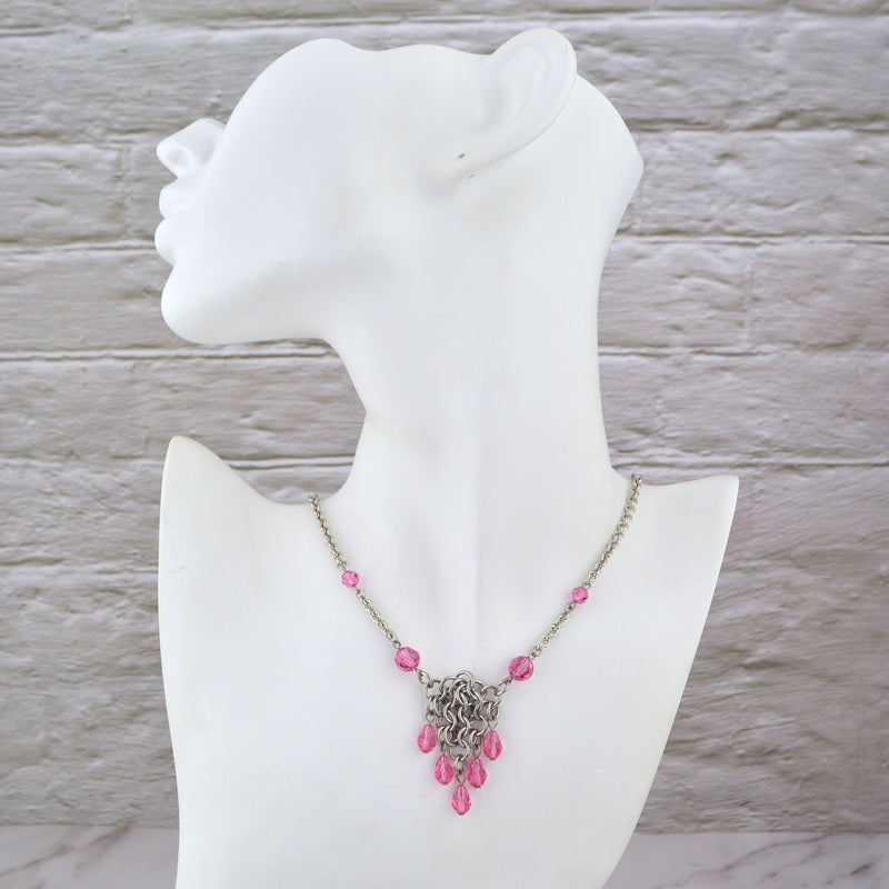 SALE: Small Mesh Necklace With Crystals - Stainless Steel - Black, Pink or Light Blue