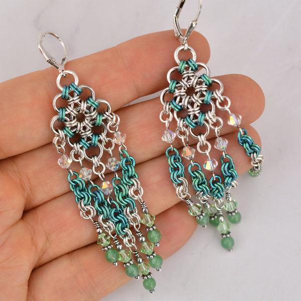 SALE: Sterling Silver + Green Chandelier Earrings