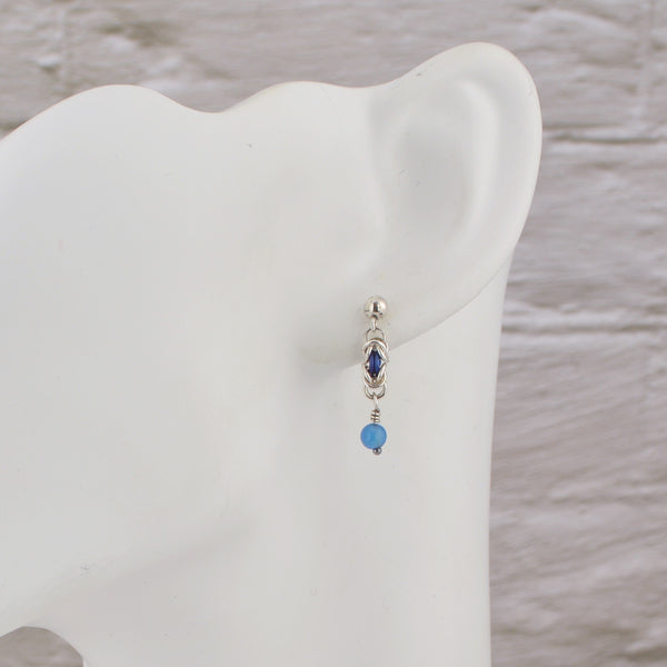 SALE: Minimalist Silver & Blue Byzantine Chainmaille Earring