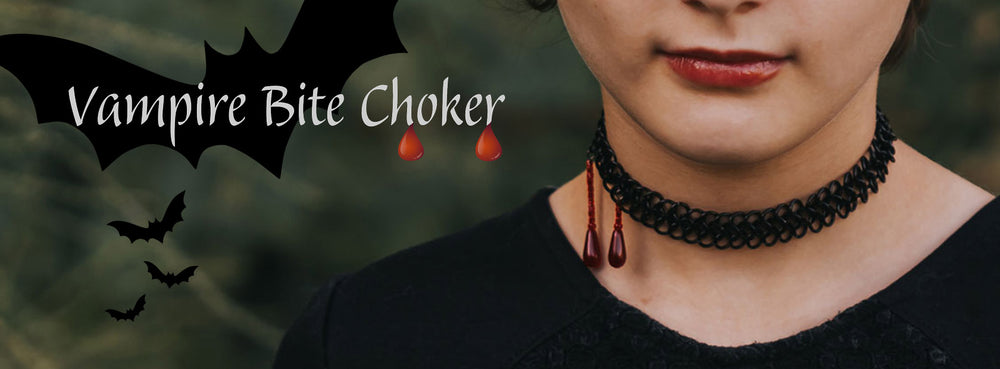 closeup of chainmaille vampire bite choker being worn. Necklace is a strand of black European 4-in-1 chainmaille with 2 blood drops made from beads on the left. The nexklace is on a tween seen from the tip of the nose to just under the shoulders; she has deep red lipstick and a black shirt. Text reads Vampire Bite Choker. There are 2 drops of blood from the h and r in the word Choker. 